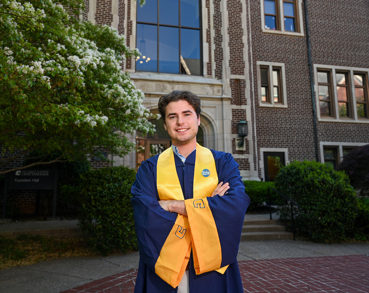 Andrew Farmer, a communication senior and a student assistant in the Division of Communications and Marketing, will walk the graduation stage on Saturday, May 3. Photo by Angela Foster.
