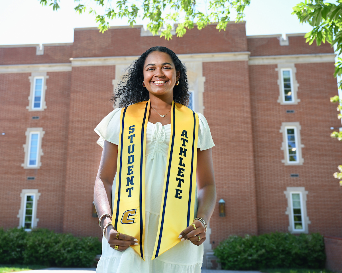 Marcelle Baez-Carlo, a social work major and volleyball player from Guaynabo, Puerto Rico, will graduate on May 3. Photo by Angela Foster.