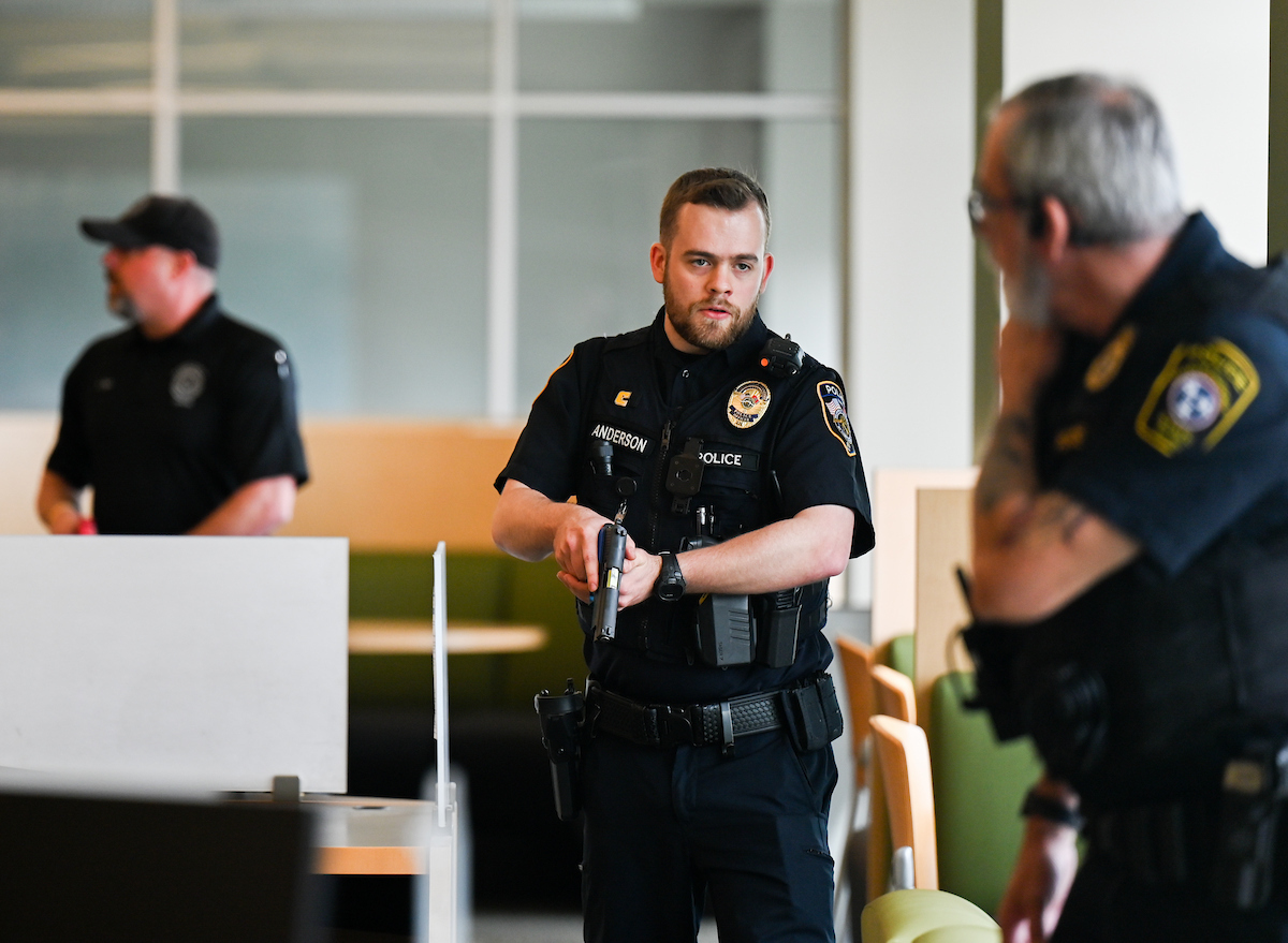 Officers from multiple agencies participate in an active threat training exercise inside the UTC Library. Photo by Angela Foster.