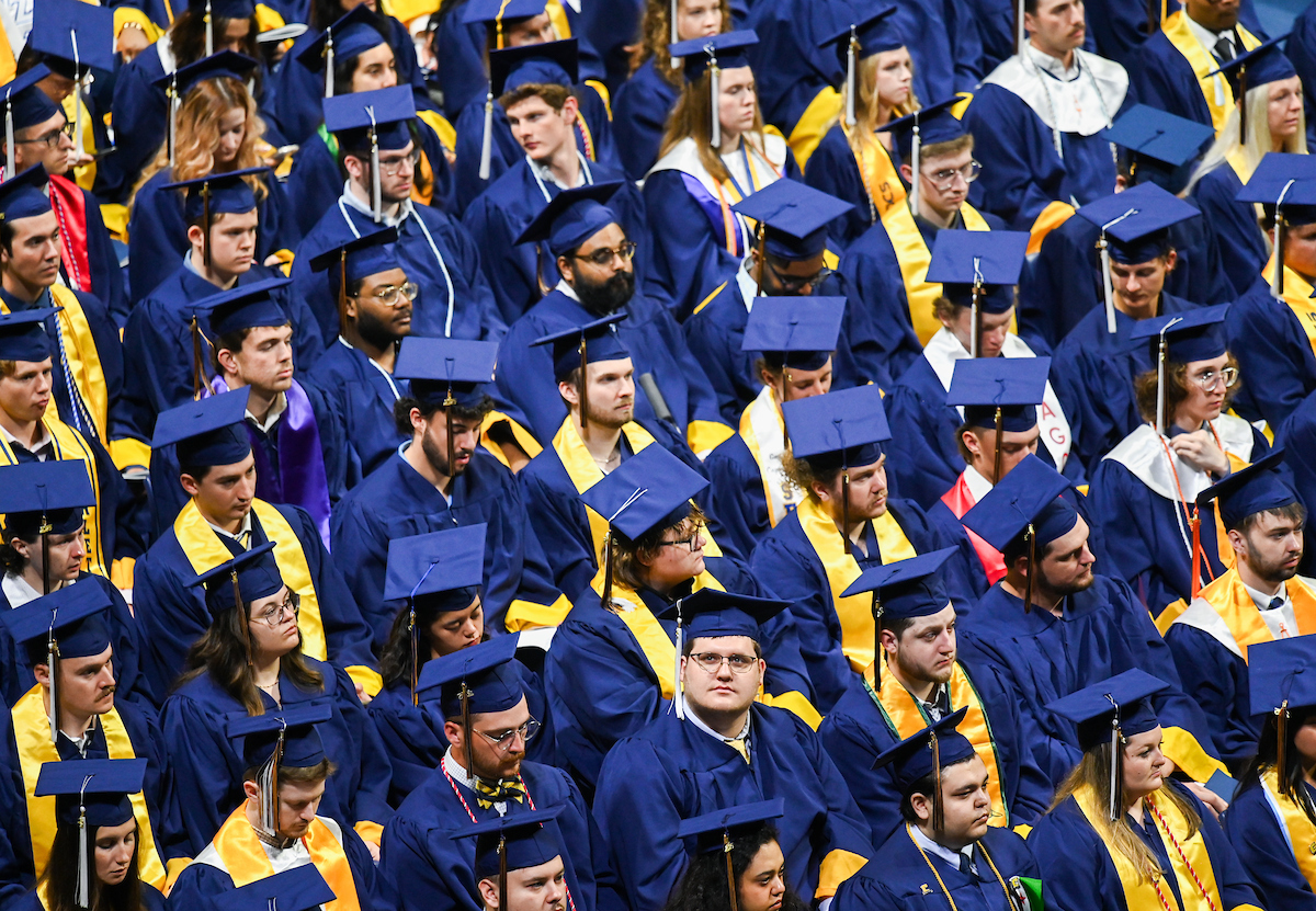 Students attend the first of two undergraduate ceremonies Saturday, May 3, 2025 in McKenzie Arena at the University of Tennessee at Chattanooga.