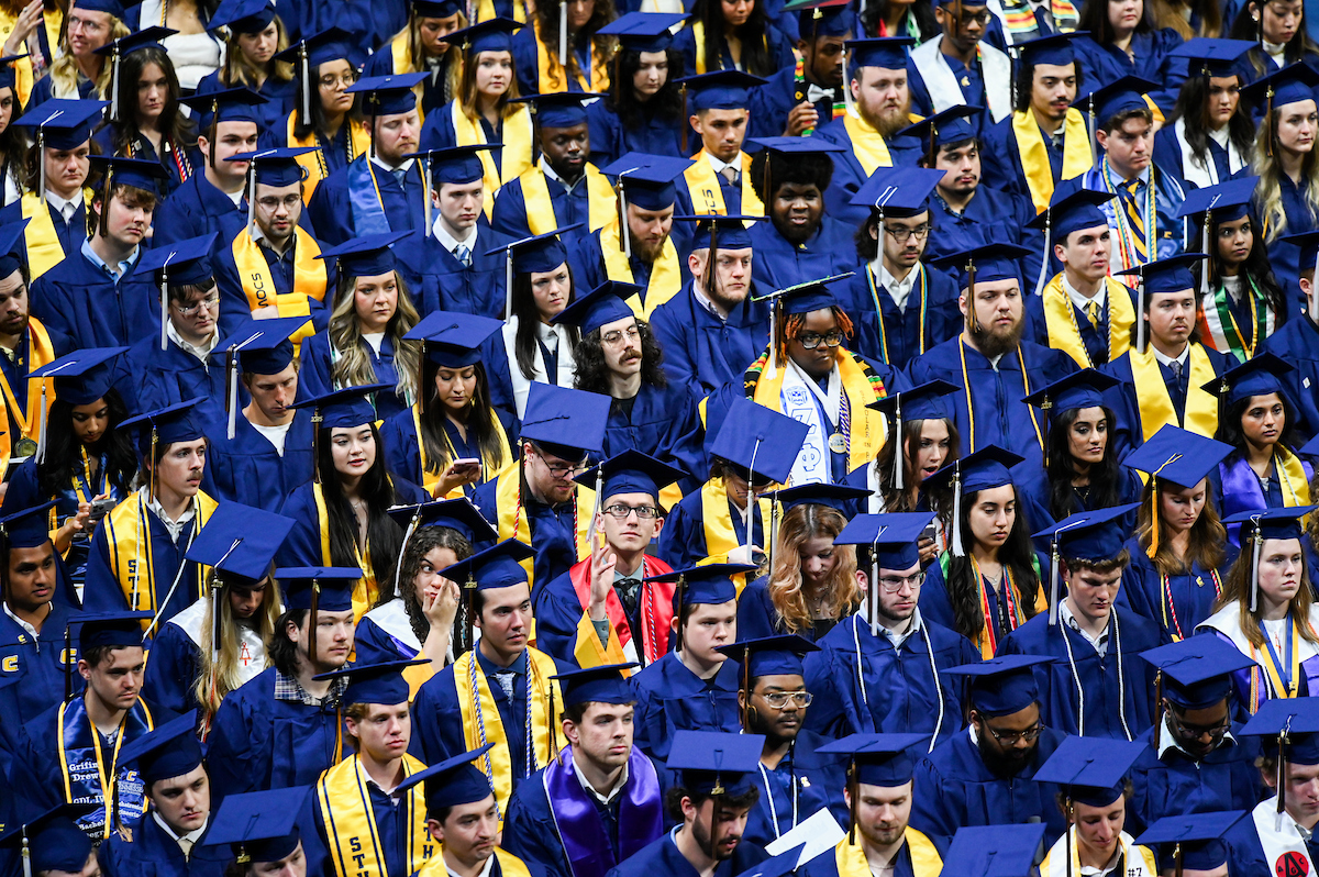 Students attend the first of two undergraduate ceremonies Saturday, May 3, 2025 in McKenzie Arena at the University of Tennessee at Chattanooga.
