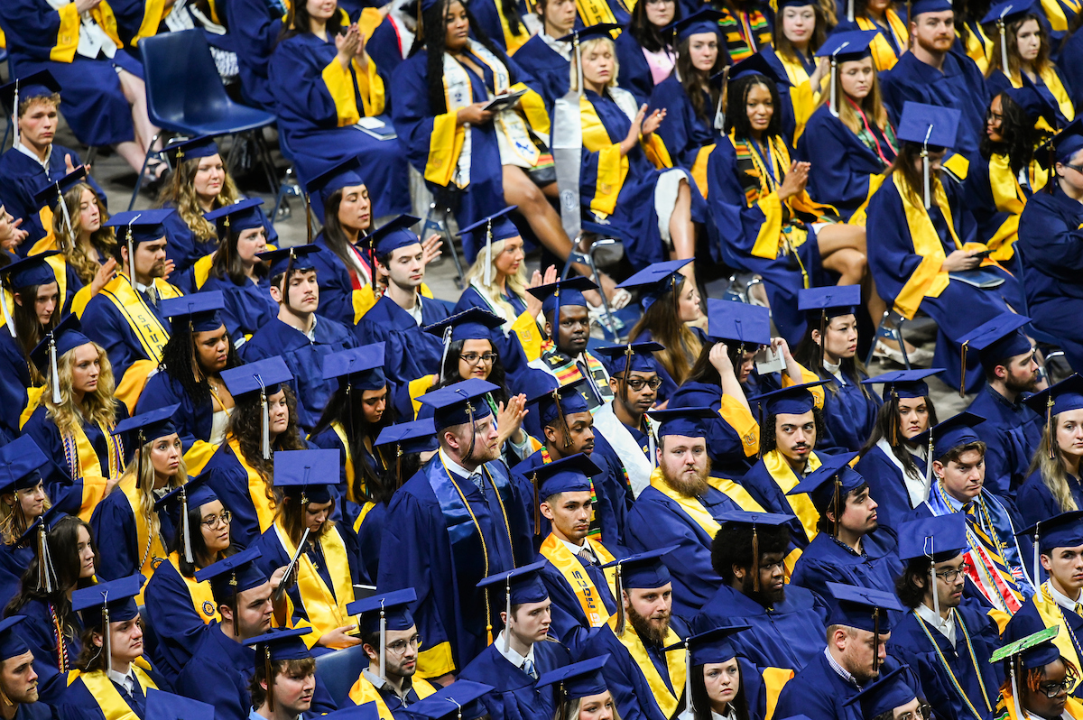Students attend the first of two undergraduate ceremonies Saturday, May 3, 2025 in McKenzie Arena at the University of Tennessee at Chattanooga.