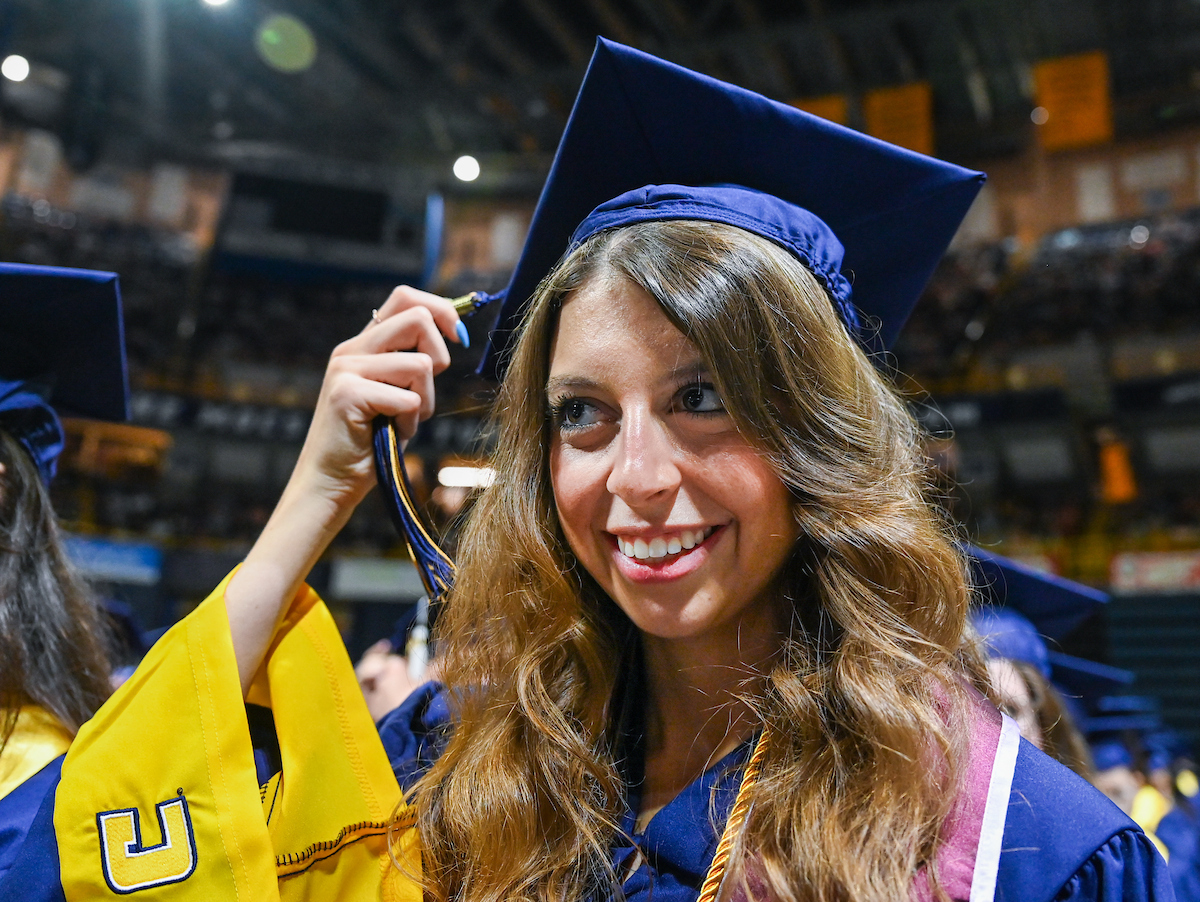 Grace Cleaver moves her tassel during the first of two undergraduate ceremonies Saturday, May 3, 2025 in McKenzie Arena at the University of Tennessee at Chattanooga.