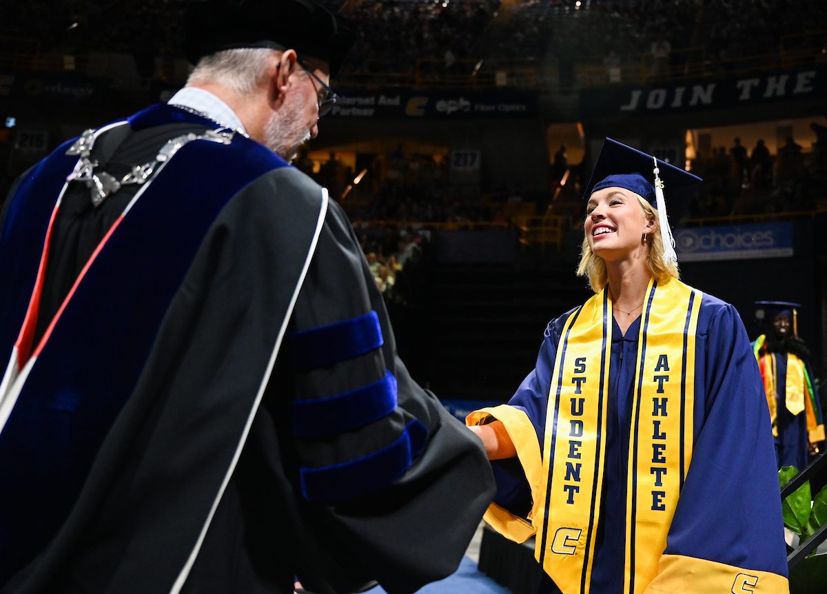Students attend the first of two undergraduate ceremonies Saturday, May 3, 2025 in McKenzie Arena at the University of Tennessee at Chattanooga.