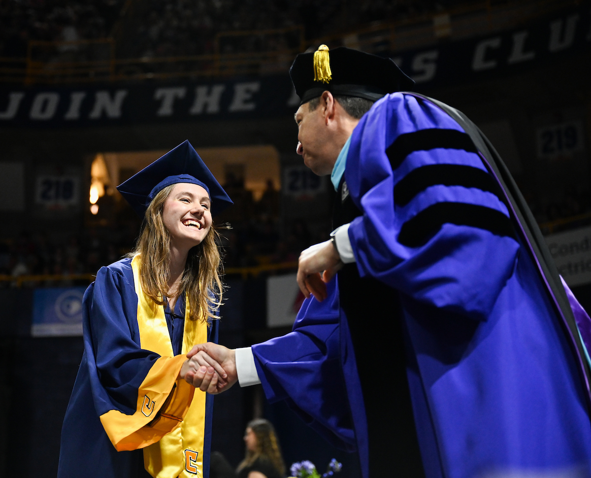 Students attend the first of two undergraduate ceremonies Saturday, May 3, 2025 in McKenzie Arena at the University of Tennessee at Chattanooga.