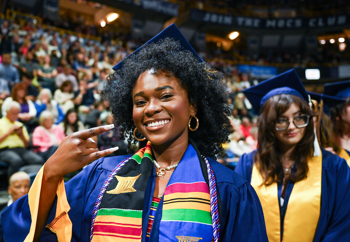 Students attend the first of two undergraduate ceremonies Saturday, May 3, 2025 in McKenzie Arena at the University of Tennessee at Chattanooga.