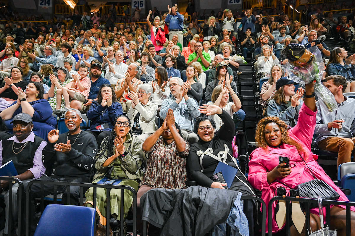 Students attend the first of two undergraduate ceremonies Saturday, May 3, 2025 in McKenzie Arena at the University of Tennessee at Chattanooga.