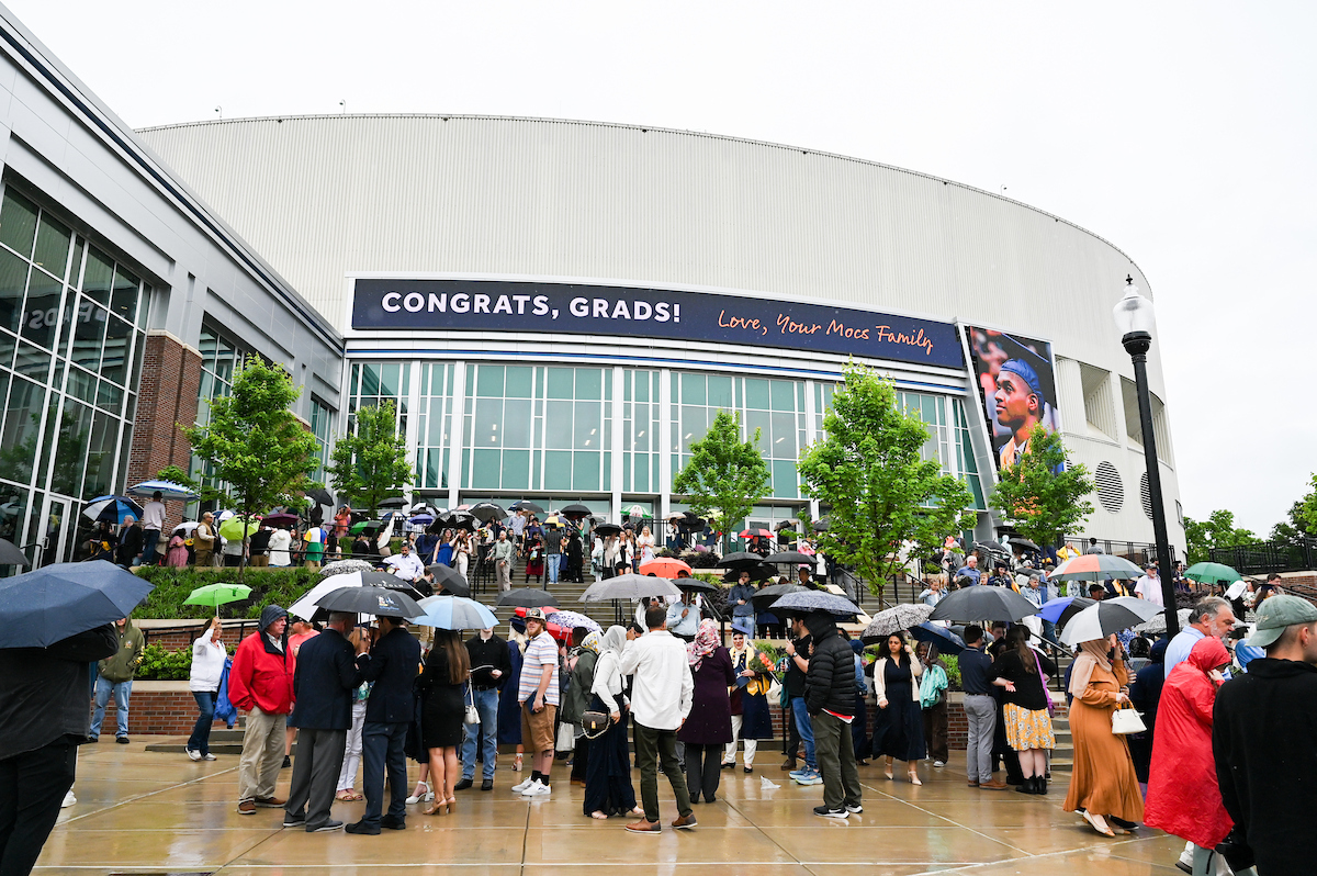 Students attend the first of two undergraduate ceremonies Saturday, May 3, 2025 in McKenzie Arena at the University of Tennessee at Chattanooga.