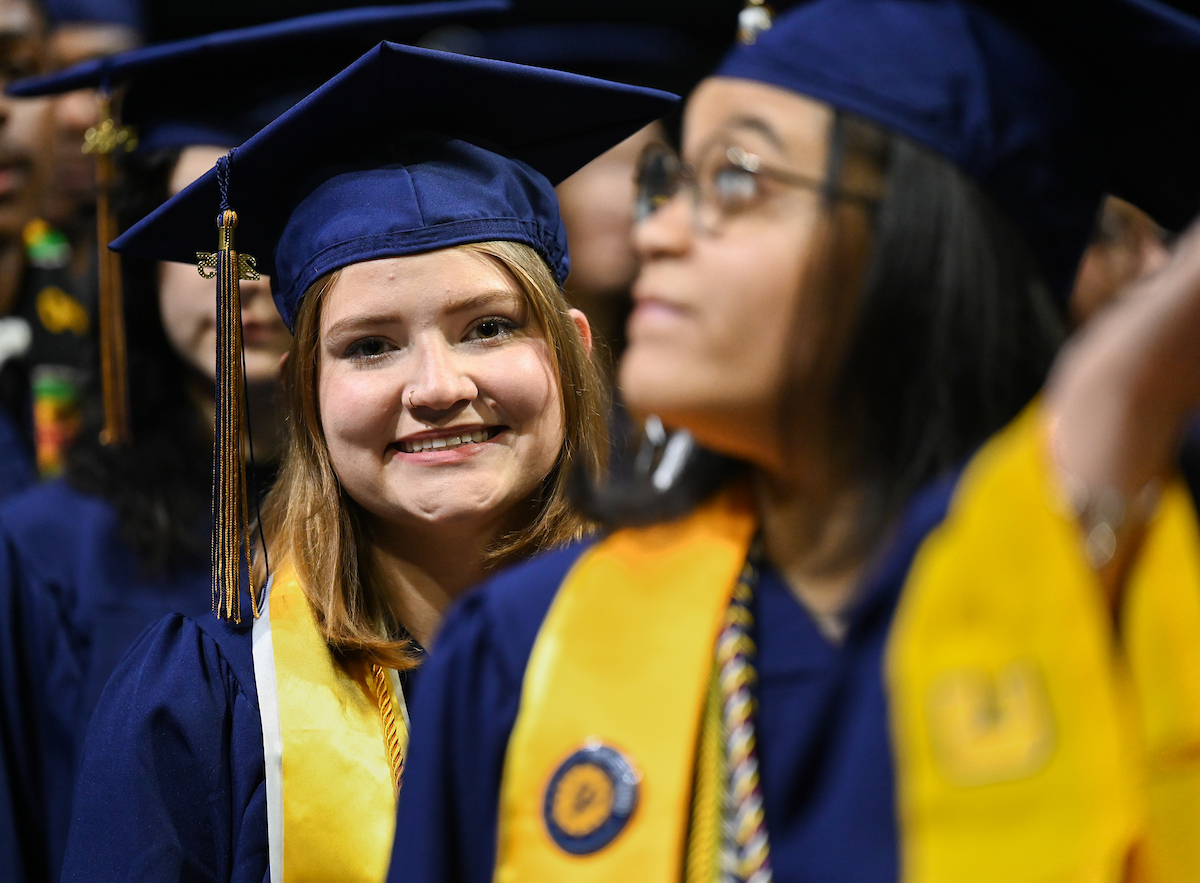 Students attend the first of two undergraduate ceremonies Saturday, May 3, 2025 in McKenzie Arena at the University of Tennessee at Chattanooga.