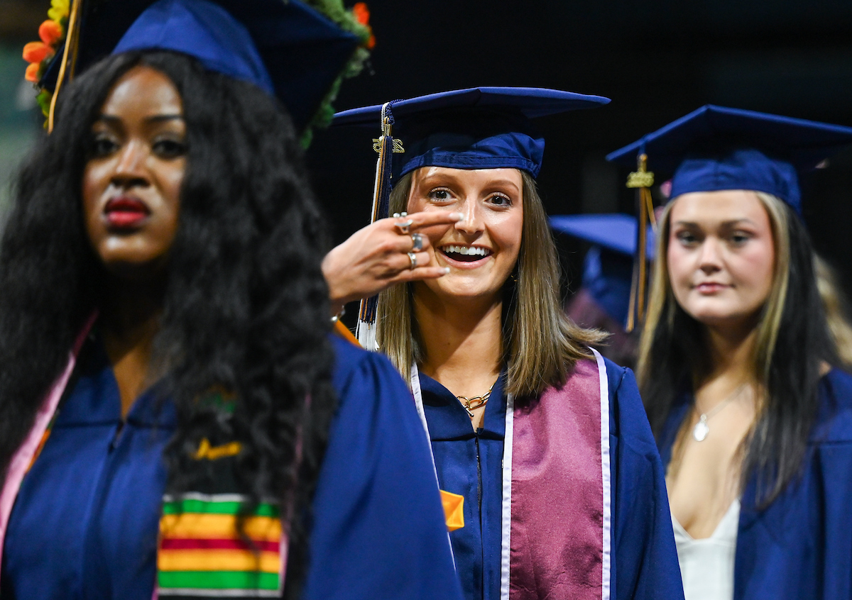 Students attend the first of two undergraduate ceremonies Saturday, May 3, 2025 in McKenzie Arena at the University of Tennessee at Chattanooga.