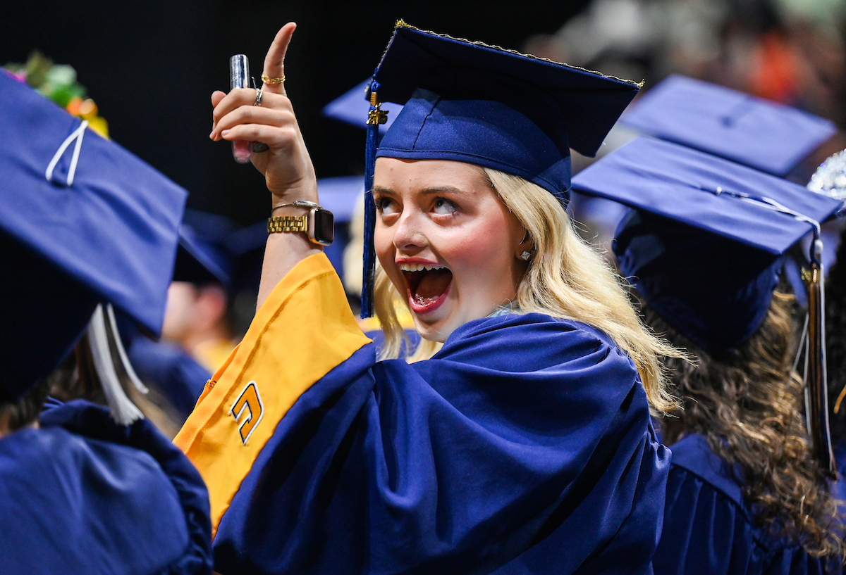 Students attend the first of two undergraduate ceremonies Saturday, May 3, 2025 in McKenzie Arena at the University of Tennessee at Chattanooga.