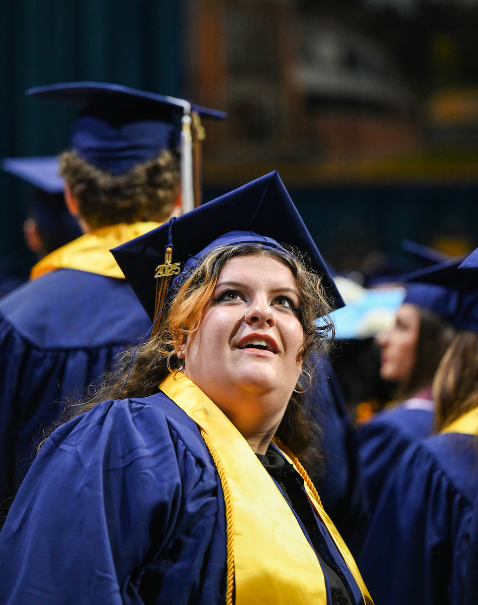 Students attend the first of two undergraduate ceremonies Saturday, May 3, 2025 in McKenzie Arena at the University of Tennessee at Chattanooga.
