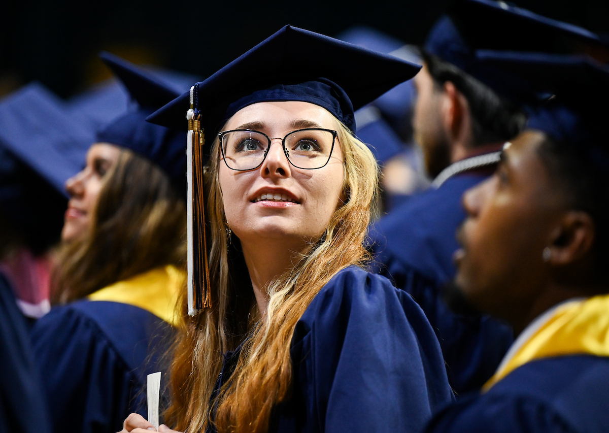 Students attend the first of two undergraduate ceremonies Saturday, May 3, 2025 in McKenzie Arena at the University of Tennessee at Chattanooga.