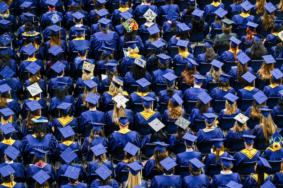 Students attend the first of two undergraduate ceremonies Saturday, May 3, 2025 in McKenzie Arena at the University of Tennessee at Chattanooga.