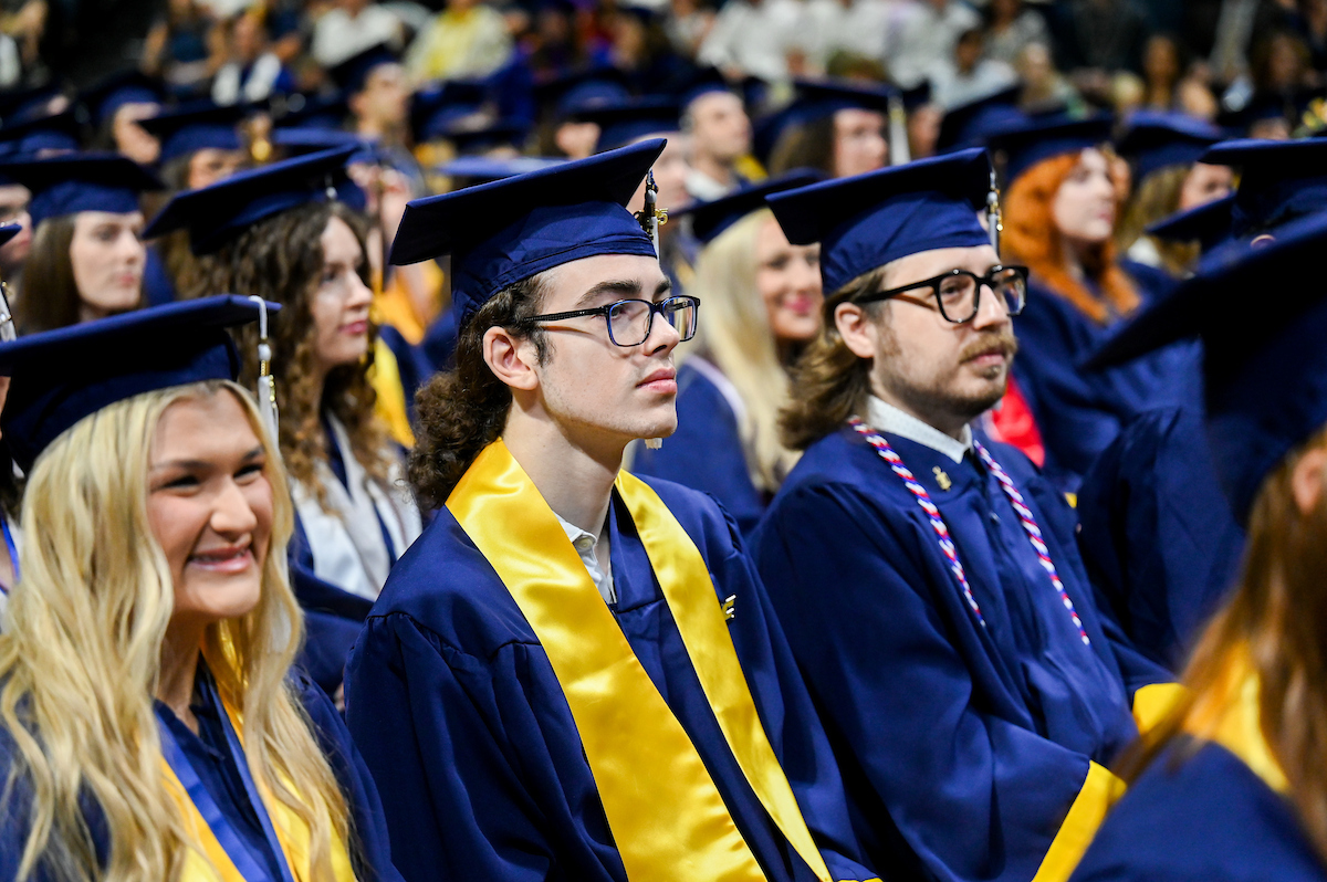 Students attend the first of two undergraduate ceremonies Saturday, May 3, 2025 in McKenzie Arena at the University of Tennessee at Chattanooga.