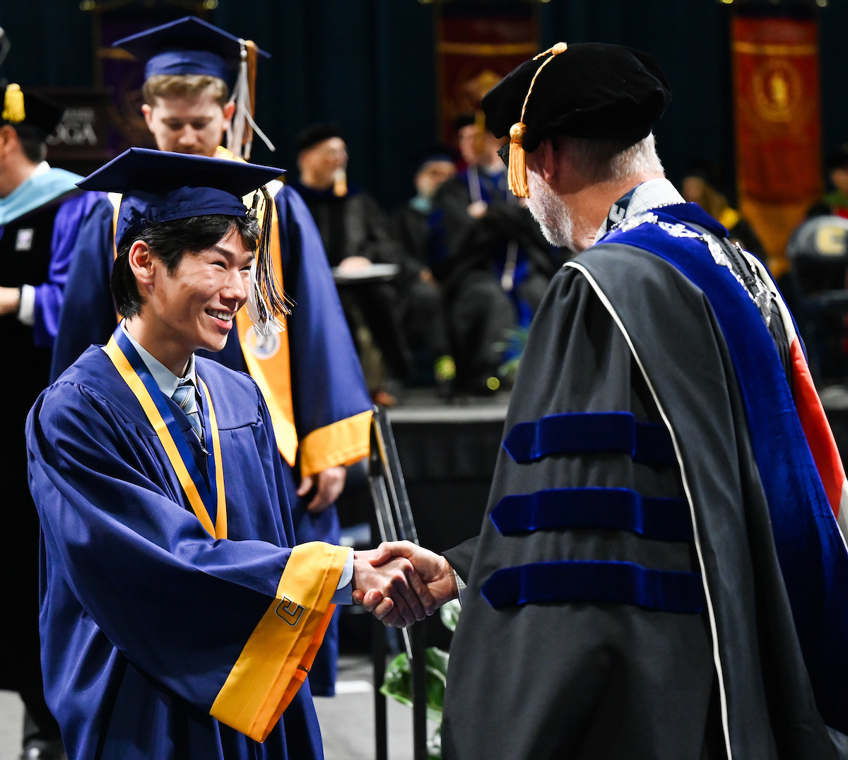 Students attend the first of two undergraduate ceremonies Saturday, May 3, 2025 in McKenzie Arena at the University of Tennessee at Chattanooga.