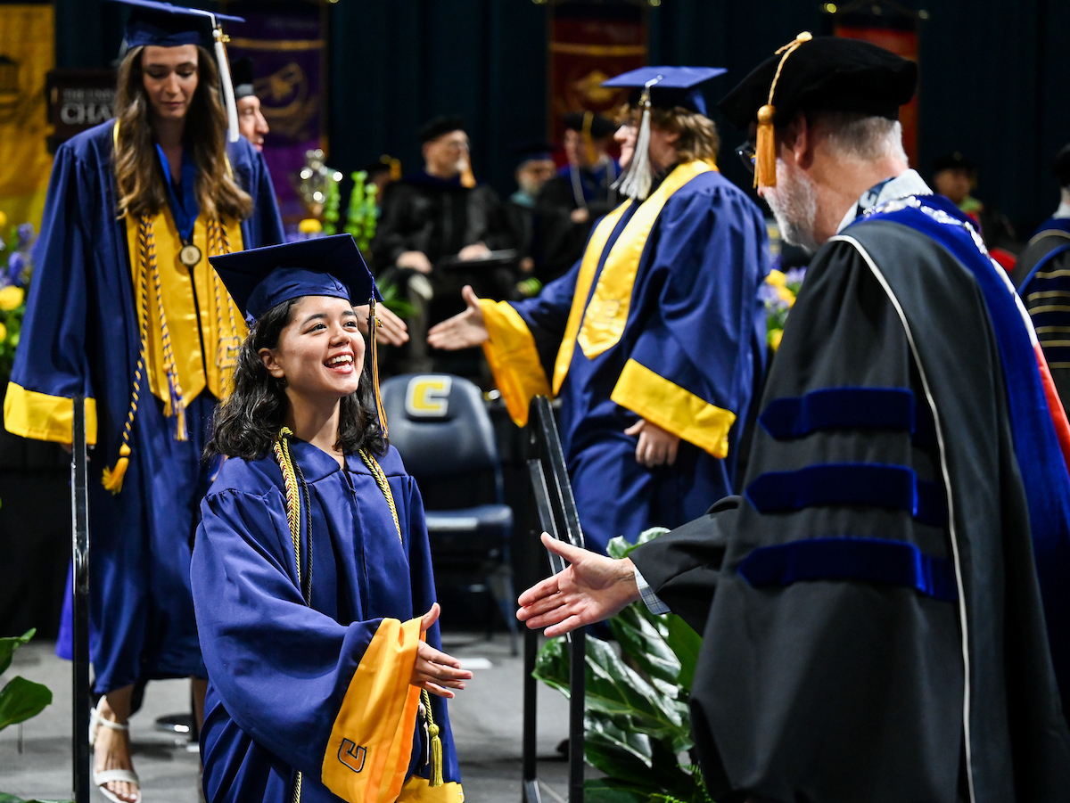 Students attend the first of two undergraduate ceremonies Saturday, May 3, 2025 in McKenzie Arena at the University of Tennessee at Chattanooga.