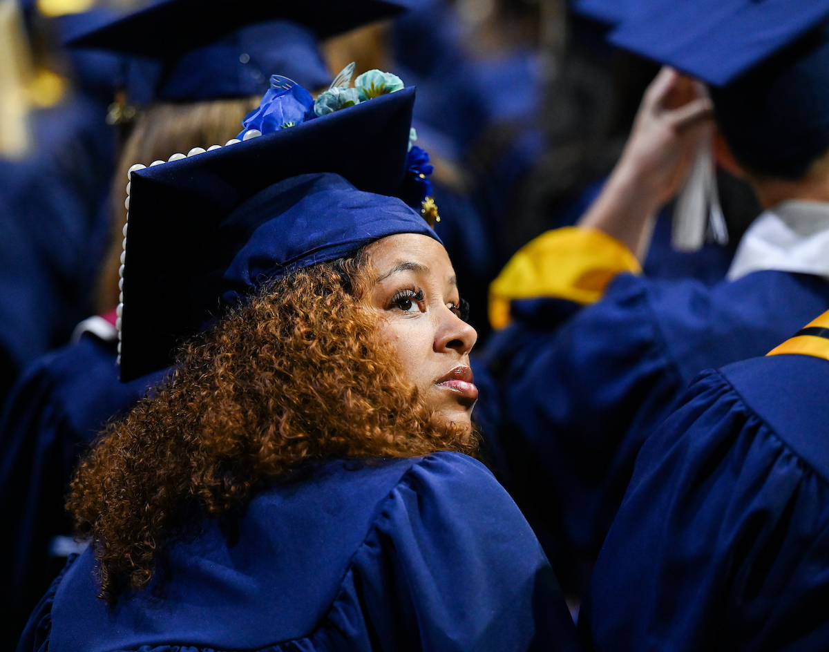 Students attend the first of two undergraduate ceremonies Saturday, May 3, 2025 in McKenzie Arena at the University of Tennessee at Chattanooga.