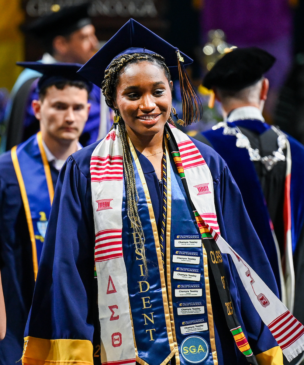 Students attend the first of two undergraduate ceremonies Saturday, May 3, 2025 in McKenzie Arena at the University of Tennessee at Chattanooga.