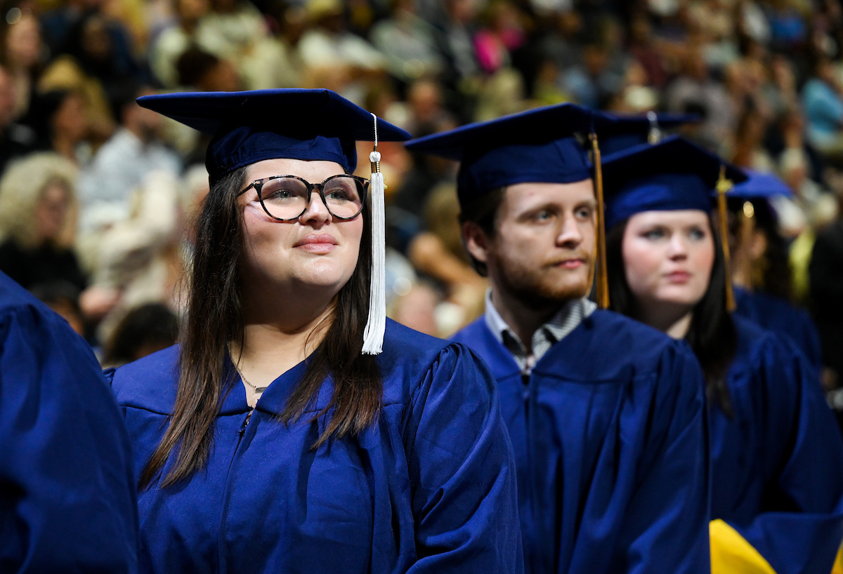 Students attend the first of two undergraduate ceremonies Saturday, May 3, 2025 in McKenzie Arena at the University of Tennessee at Chattanooga.