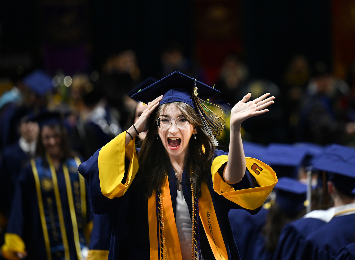 Students attend the first of two undergraduate ceremonies Saturday, May 3, 2025 in McKenzie Arena at the University of Tennessee at Chattanooga.