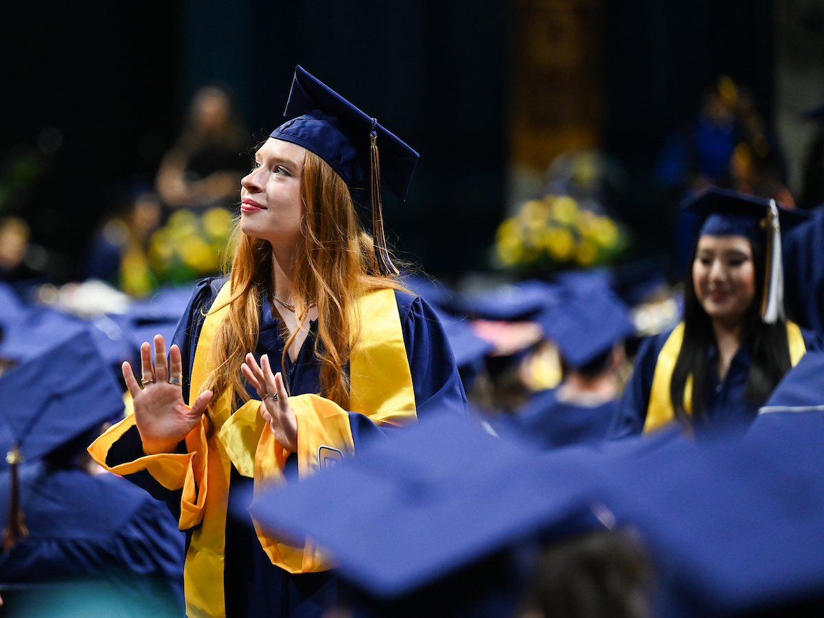 Students attend the first of two undergraduate ceremonies Saturday, May 3, 2025 in McKenzie Arena at the University of Tennessee at Chattanooga.