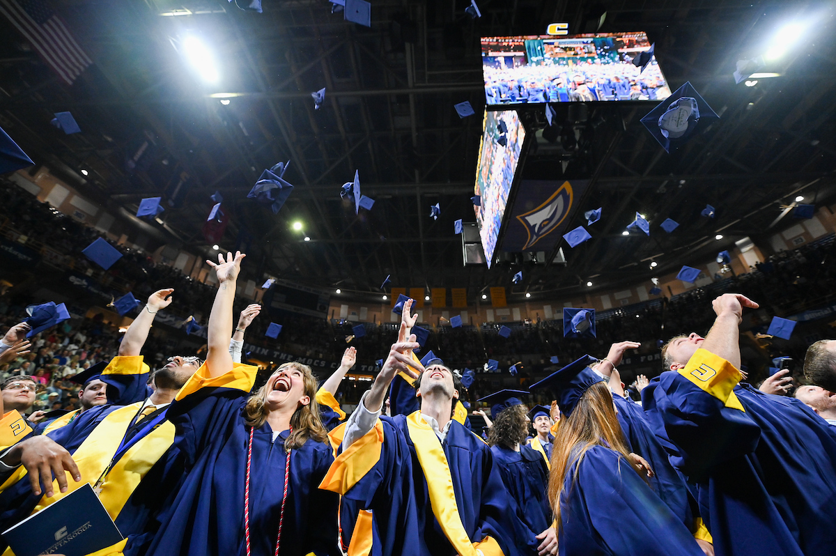 Students attend the first of two undergraduate ceremonies Saturday, May 3, 2025 in McKenzie Arena at the University of Tennessee at Chattanooga.