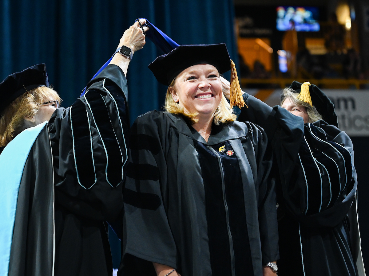 Students attend the graduate school graduation ceremony Friday, May 2, 2025 in McKenzie Arena.
