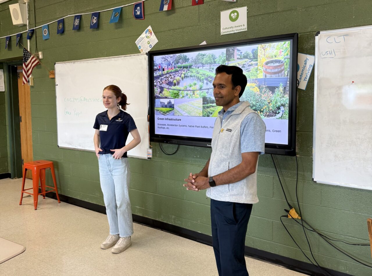 Grace Pippin (left) and Dr. Jejal-Reddy Bathi spoke to a class of high school juniors about sustainable urban development and protecting water quality. Photo courtesy of Dr. Jejal-Reddy Bathi.