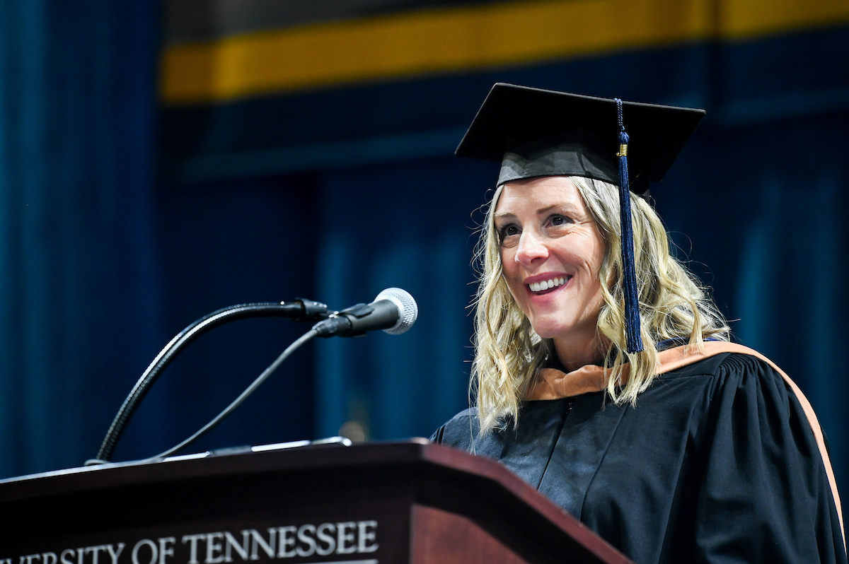 UTC alum Cindy Monroe ('98) gave the charge during May 3 undergraduate commencement ceremonies. Photo by Angela Foster.