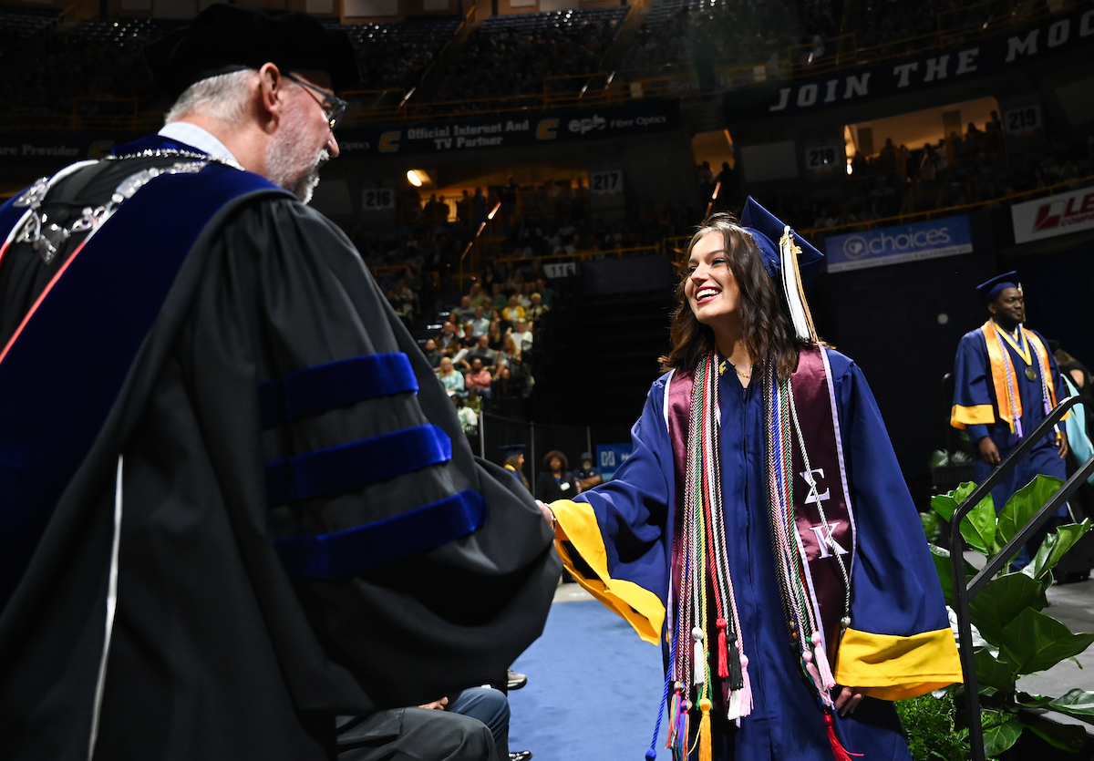 Students attend the second of two undergraduate ceremonies Saturday, May 3, 2025 in McKenzie Arena at the University of Tennessee at Chattanooga.