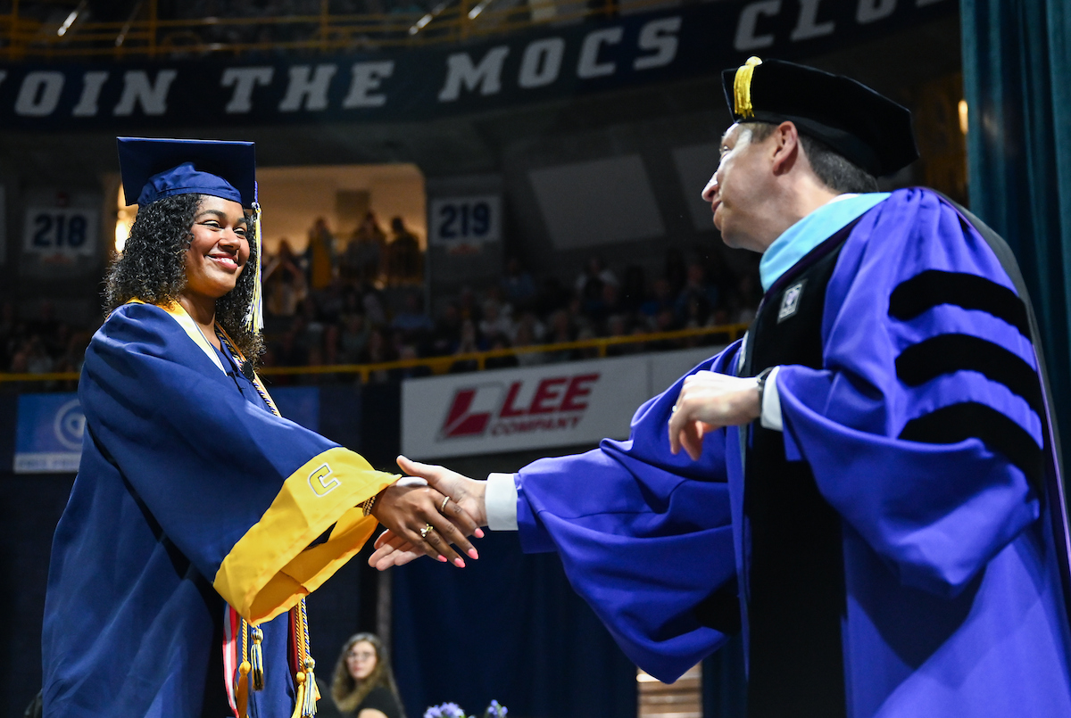 Students attend the second of two undergraduate ceremonies Saturday, May 3, 2025 in McKenzie Arena at the University of Tennessee at Chattanooga.
