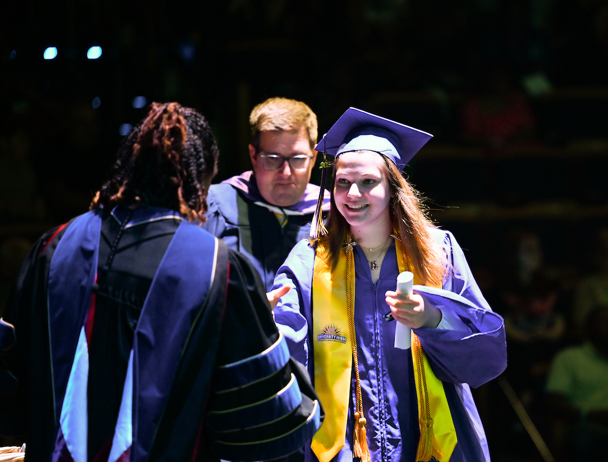 University High students participate in a graduation ceremony Friday, May 9, 2025 in the Fine Arts Center.