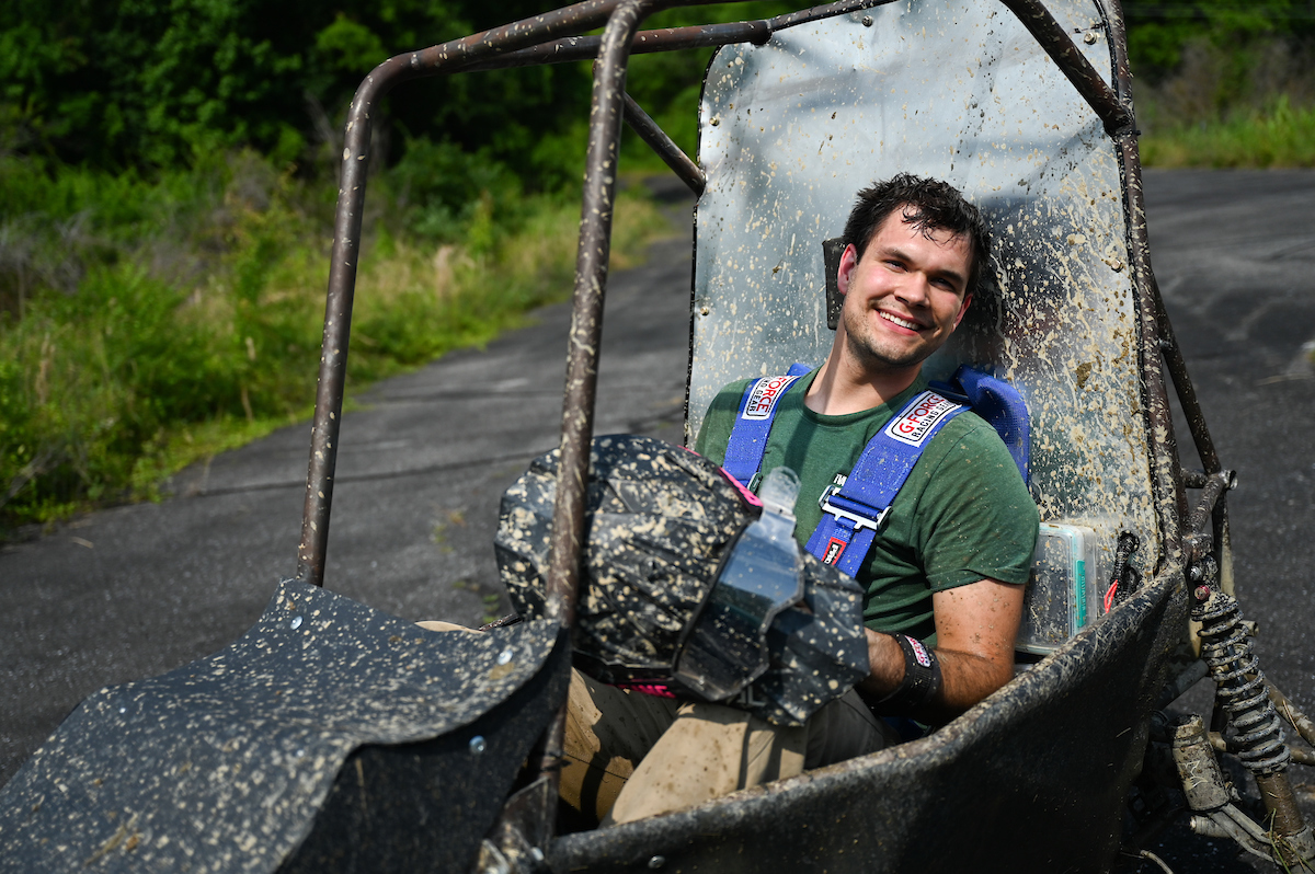 Senior Logan McCollough following a Baja car test drive on Wednesday, June 4, at the test track near the TVA dam.