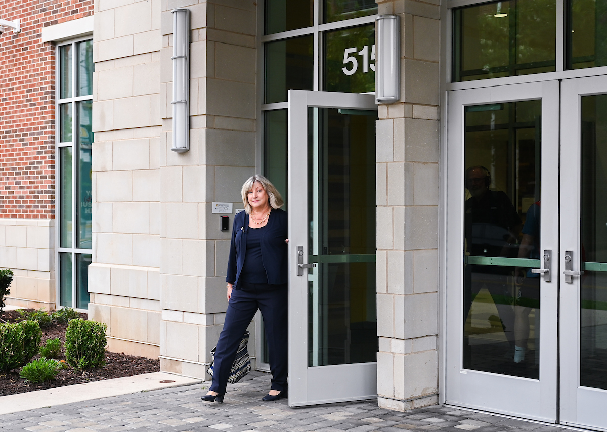 Chancellor Lori Bruce begins her first day, Monday, June 30. Bruce walked from West Campus housing to her office, with quick stops to meet students, and was greeted by vice chancellors when she arrived at Founders Hall.