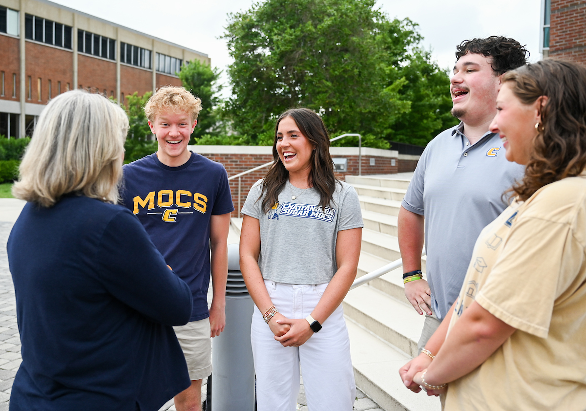 Chancellor Lori Bruce begins her first day, Monday, June 30. Bruce walked from West Campus housing to her office, with quick stops to meet students, and was greeted by vice chancellors when she arrived at Founders Hall.