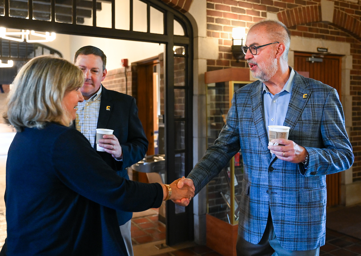 Chancellor Lori Bruce begins her first day, Monday, June 30. Bruce walked from West Campus housing to her office, with quick stops to meet students, and was greeted by vice chancellors when she arrived at Founders Hall.