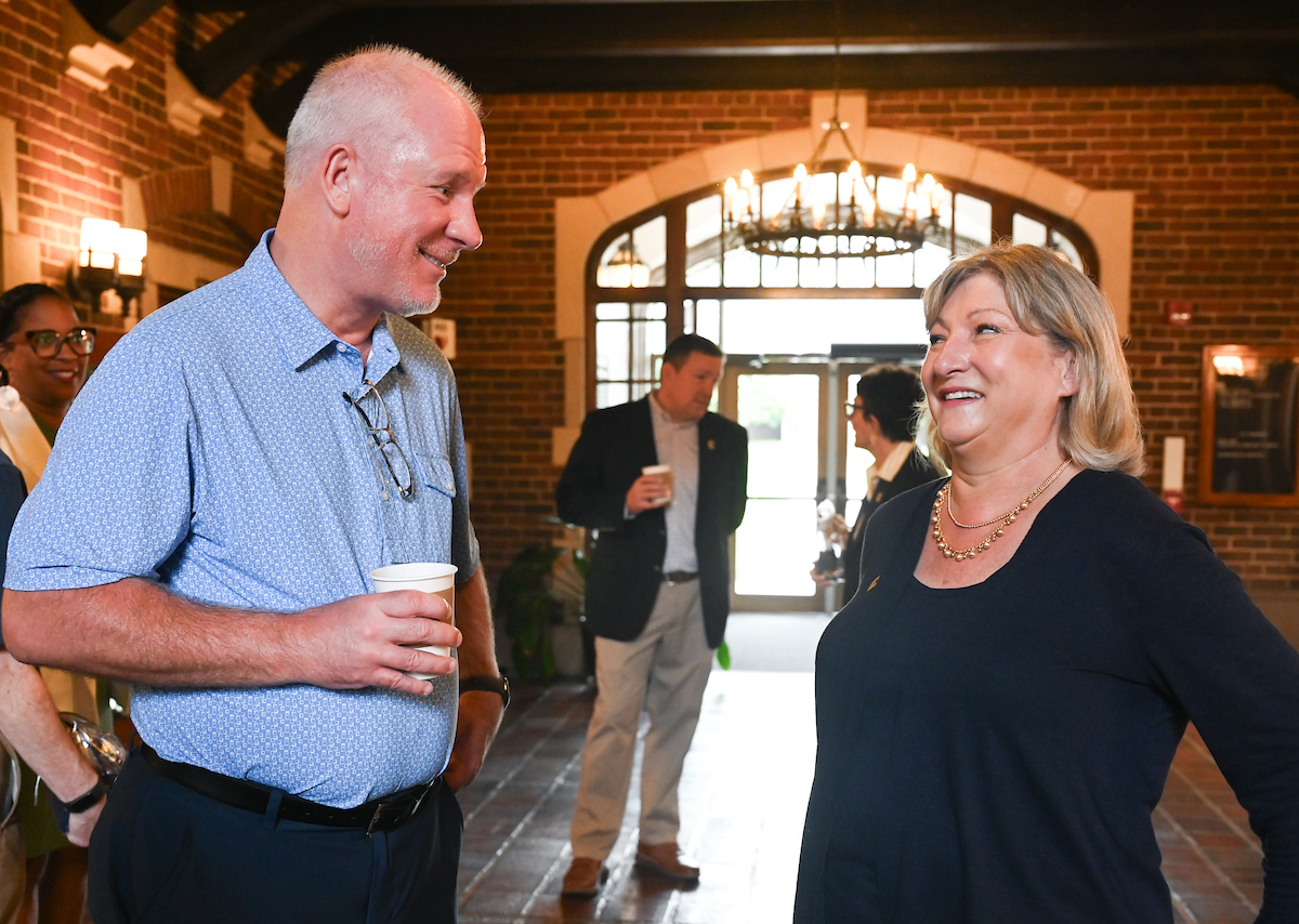 Chancellor Lori Bruce begins her first day, Monday, June 30. Bruce walked from West Campus housing to her office, with quick stops to meet students, and was greeted by vice chancellors when she arrived at Founders Hall.