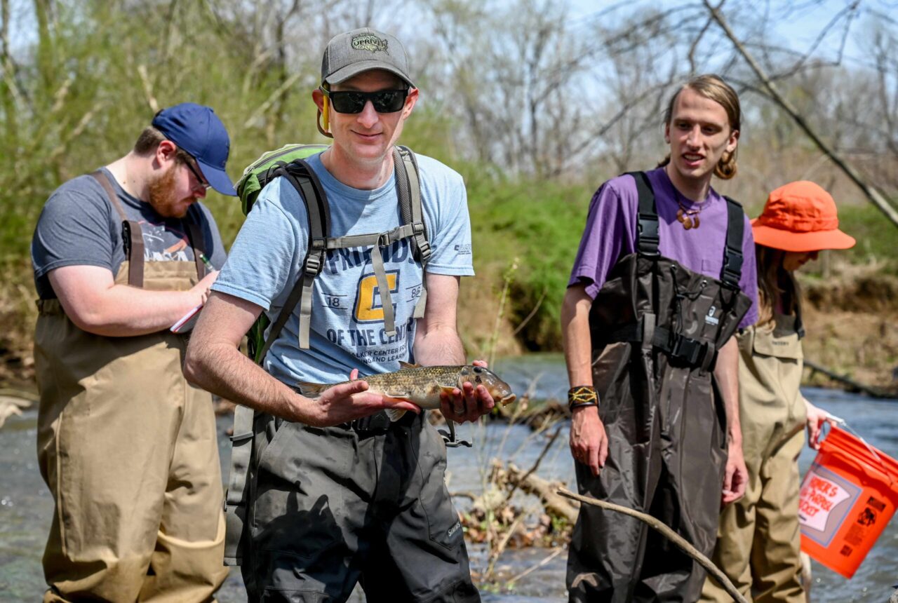 Dr. Rich Walker and ichthyology students during a March 19, 2025, excursion to Falling Water Creek. Photo by Angela Foster.