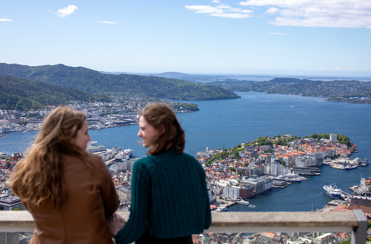 Anna Proctor and Sydney Banks enjoying the view from the top of Mount Fløyen in Bergen, Norway.