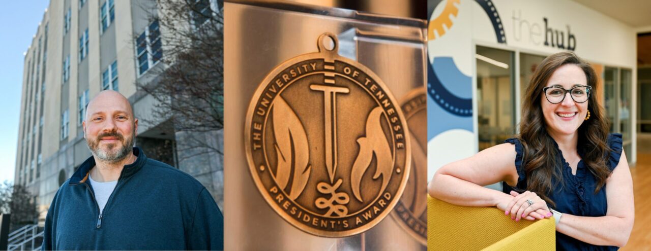 Dr. Rick Dierenfeldt and Erica Holmes Trujillo are recipients of 2025 UT System President's Awards. Individual photos by Angela Foster. Awards photo courtesy of UT System.