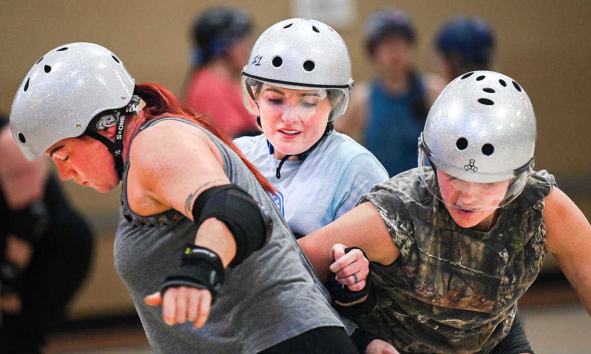 Ellen Centers practices with her roller derby team at Orange Grove Center.