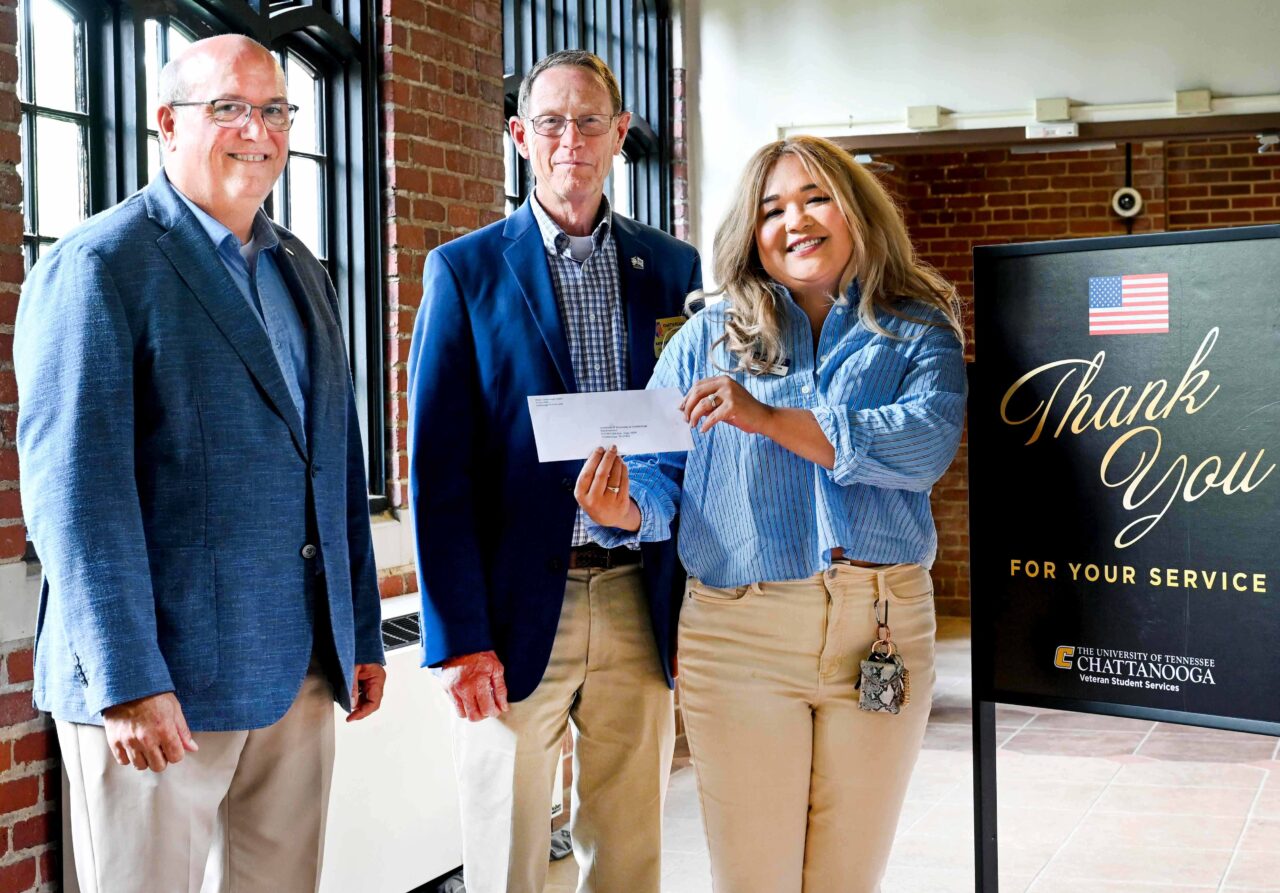 MOAA Chattanooga Chapter Treasurer Jack Mullinax, left, President Ray Mitchell and UTC Veteran and Military Affairs Director Sylvana Matthews. Photo by Angela Foster.