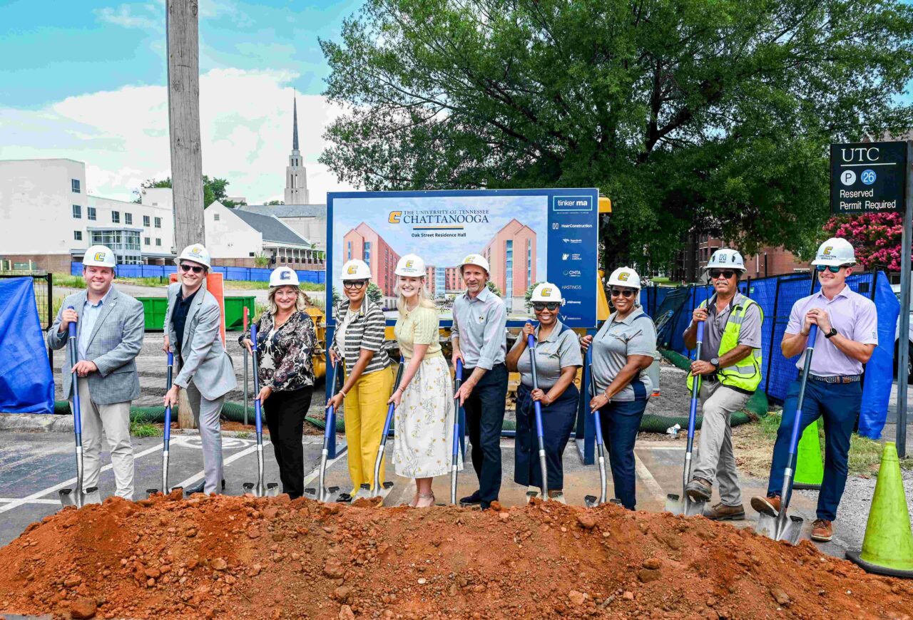 From left: Andrew Crockett, Constituent Services Coordinator for the Office of the Mayor; Daniel Bewley, Deputy Director of Outreach and Economic Initiatives, Hamilton County Government; Chancellor Lori Bruce; Vice Chancellor of Enrollment Management and Student Affairs Artanya Wesley: SGA Vice President Bridgette Greene; Todd Cosgrove, Director of Housing Facilities; Valara Sample, Executive Director for Residential Education and Campus Life; Erical Beasley, Interim Assistant Vice Chancellor for Student Affairs and Executive Director of Business Affairs; Ricky Calderon, Hoar Construction; and Chris Potter, Hoar Construction. Photo by Angela Foster.
