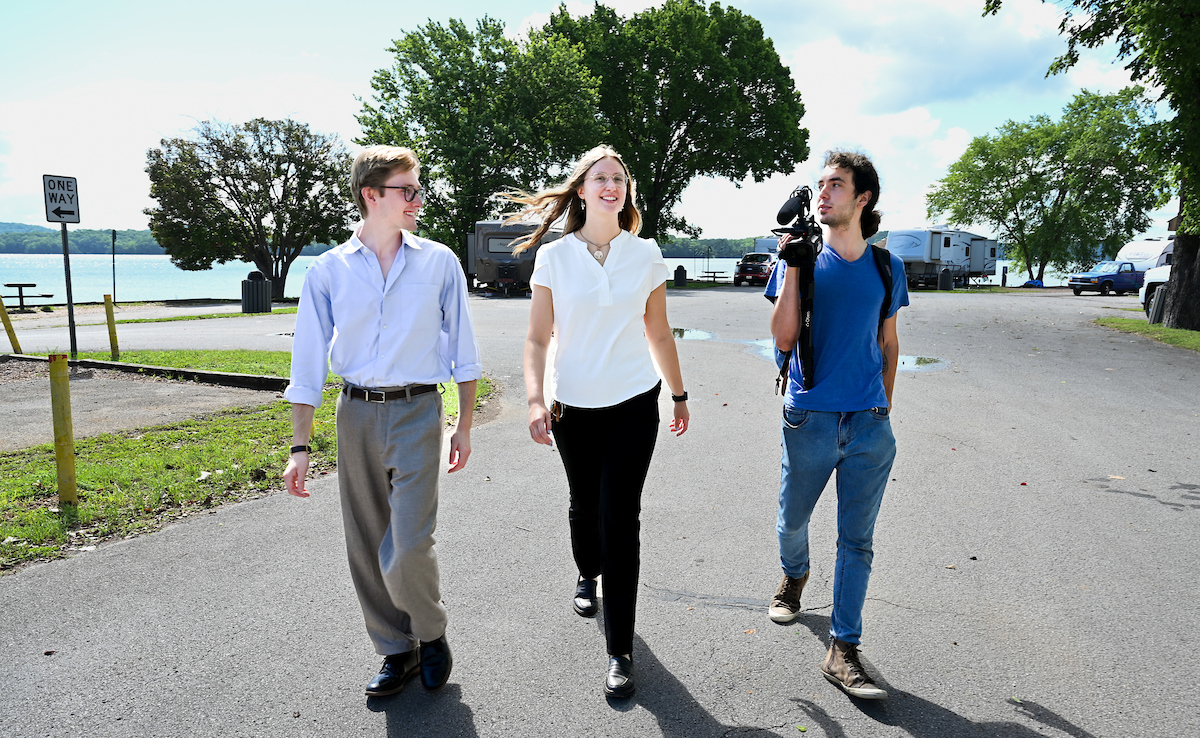 Alex Harris (left), Abigail Borden and Gabriel Ghani recorded an episode of "Our Parks, Our People" at Chester Frost Park. Photo by Angela Foster.