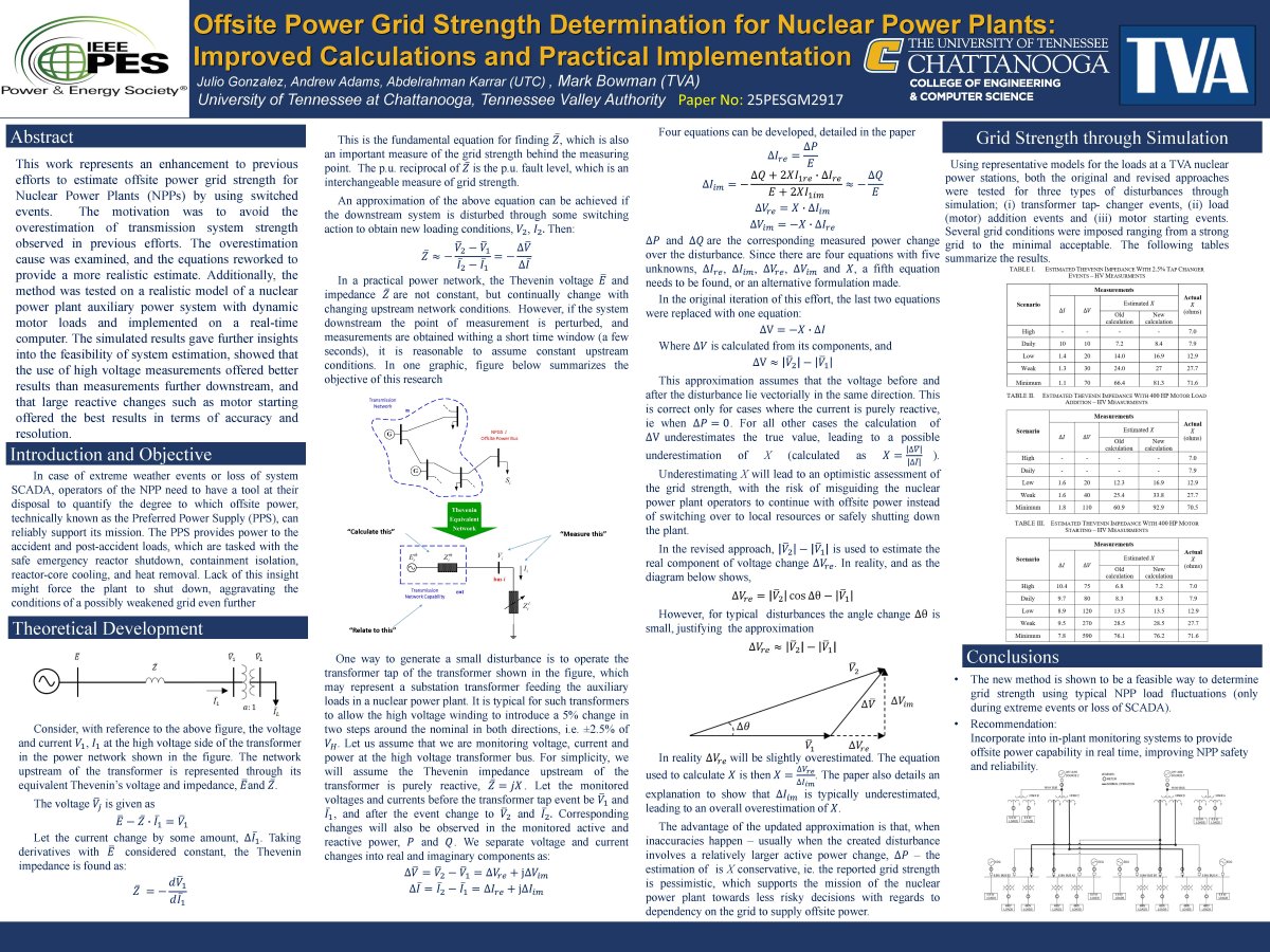 The prize-winning conference poster for Offsite Power Grid Strength Determination for Nuclear Power Plants: Improved Calculations and Practical Implementation
