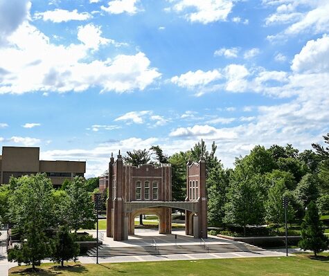 A picture of Chamberlain Pavilion under a blue sky with white clouds