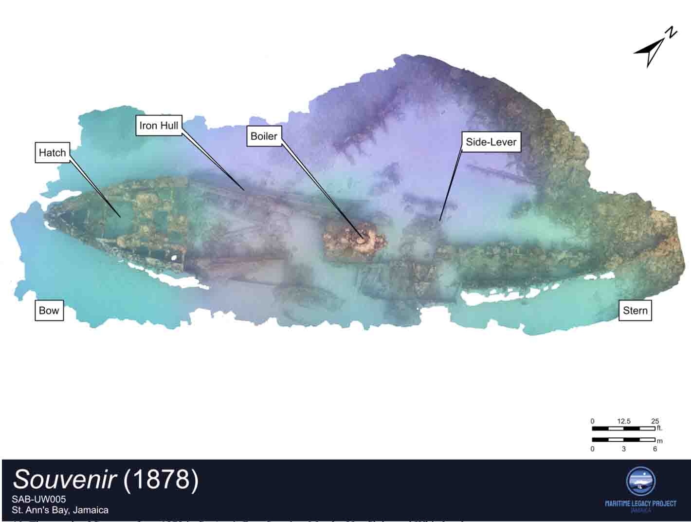 A map of the "Souvenir" shipwreck that identifies different parts of the ship.