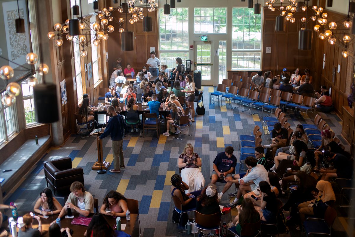 Overhead view of City as Text from the second floor of Guerry Center