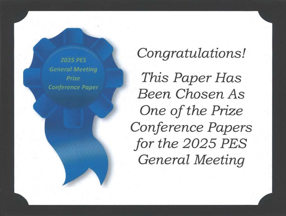 Photo of the award. The blue ribbon reads "2025 PES General Meeting Prize Conference Paper." The wording next to it reads: "Congratulations! This Paper Has Been Chosen As One of the Prize Conference Papers for the 2025 PES General Meeting."